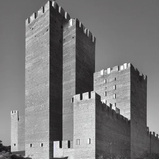 Image similar to a giant castle built in brutalist architecture, diverse unique building geometry full of shapes and corners, with a smaller base than the top of the tower, slowly growing in width as we get higher