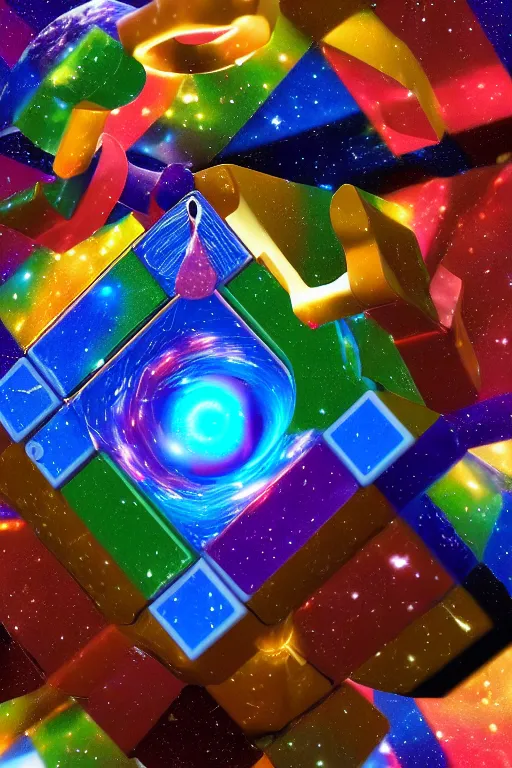 Image similar to cosmic rubik's cube tesseract with wormholes, energy and galaxies around it. epic, dramatic, cinematic, digital art, octane render, blender, 8 k, hyperrealistic, trending on artstation