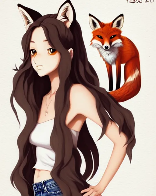 Image similar to fullbody portrait of wild half - fox woman with fox nose and ears, wearing summer jeans shorts and tshirt, anime art, concept art, detailed attractive face with fox nose and fox mouth, symmetrical, trending on pixiv, by lois van baarle by sung choi by john kirby artgerm style pascal blanche and magali villeneuve and hayao miyazaki