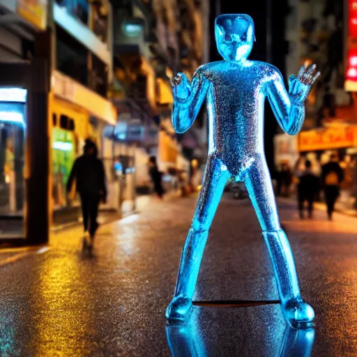 Prompt: a t - 1 0 0 0 cat made of liquid metal walking in the streets of hong kong and hugging a man, volumetric lighting, sharp focus, ultra detailed, cgsociety - w 1 0 2 4 - n 8 - i