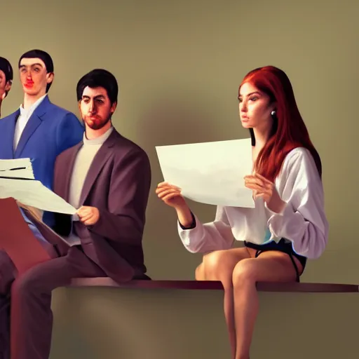 Image similar to hyperrealistic! painting of a woman holding some note papers and three men and a woman watching over, detailed digital art, trending on artstation