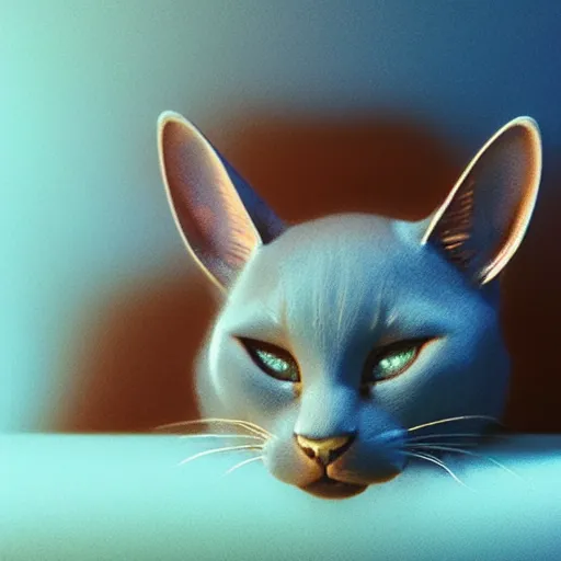 Image similar to a blue cat with oversized ears curled and taking a nap, red background, stunning 3 d render inspired art by greg rutkowski and xiang duan and thomas eakes, perfect facial symmetry, flesh texture, realistic, highly detailed attributes and atmosphere, dim volumetric cinematic lighting, 8 k octane detailed render, post - processing, masterpiece, rtx on, rendering on unreal engine