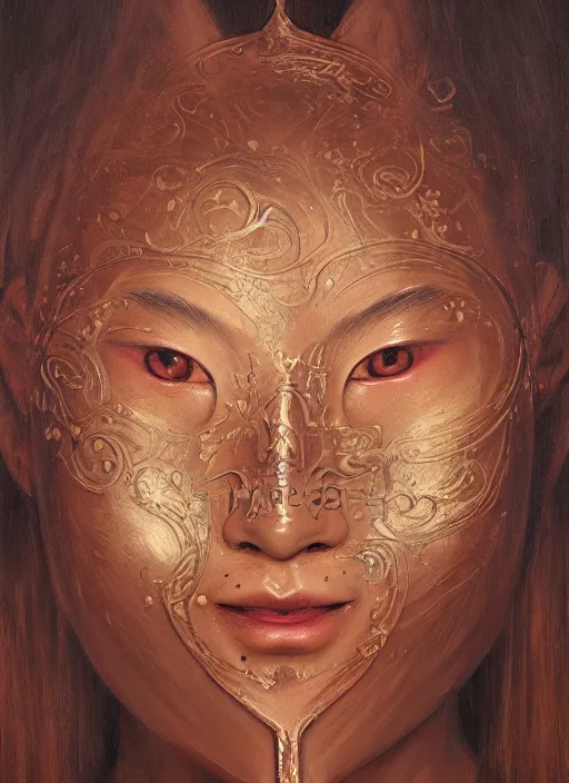 Image similar to a beautiful detailed oil on copper art illustration of a japanese shityome mask woman, the mask is broken, centered, by charlie bowater, zeng fanzh, trending on artstation, dim dusk lighting, cinematic lighting, detailed lighting, volumetric lighting, realistic, f 8, 4 k hd wallpaper