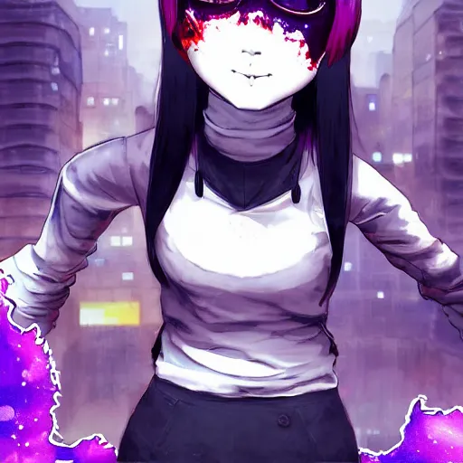 Prompt: portrait of the tokyo-ghoul masked joyful adolescent tiktoker girl Aurora, purple dawn in Santiago of Chile on the background, #pixelart by Yoji Shinkawa, Ryuichi Sakamoto, Esao Andrews and Yoshitaka Amano