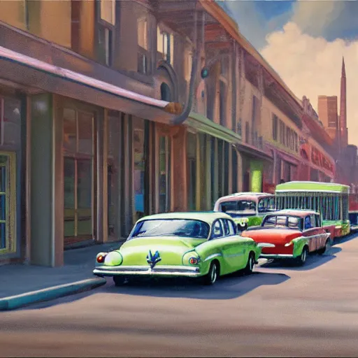 Prompt: 4K hyper realistic oil painting of 1950s city with old cars and a big speaker array in the sky booming techno music