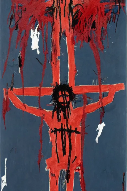 Image similar to bloody jesus christ crucified painted by cy twombly and jean michel basquiat