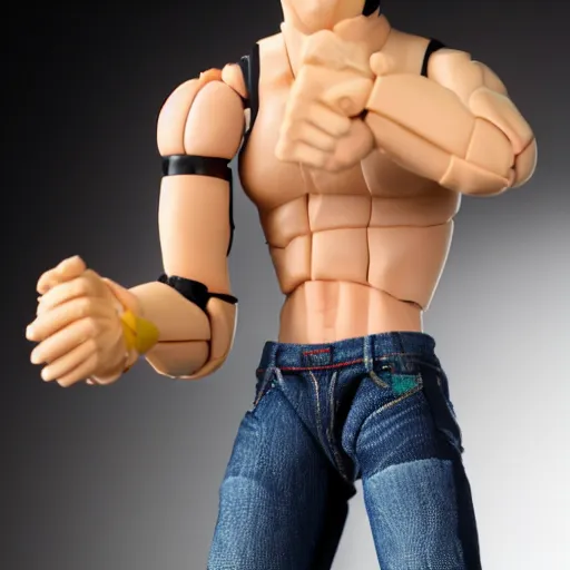 Image similar to action figure of a skinny blonde male wrestler wearing a vr headset and wearing a t - shirt and jeans, high detail, realistic,