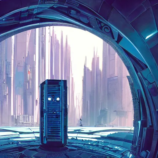 Image similar to derelict portal in a middle of a futuristic cityscape, world seen only through a portal, daylight, cinematic perspective, cinematic lighting, blue sky, syd mead, john harris