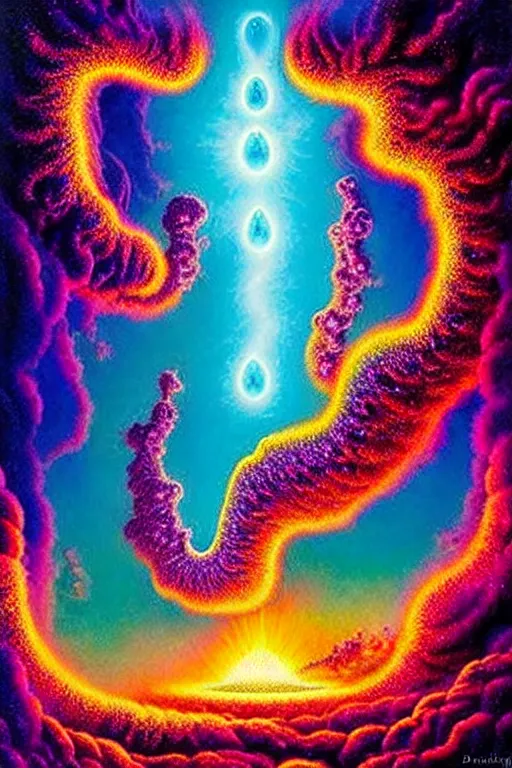 Prompt: a photorealistic detailed image of a beautiful vibrant iridescent lava like flowing clouds opening a gateway to intergalactic skies and alien planets, spiritual science, divinity, utopian, by david a. hardy, hana yata, kinkade, lisa frank,