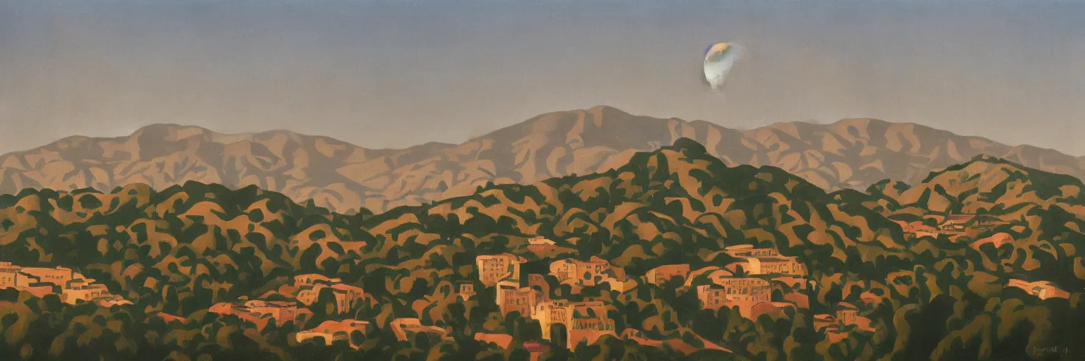 Prompt: hollywood sign cityscape oil painting magritte