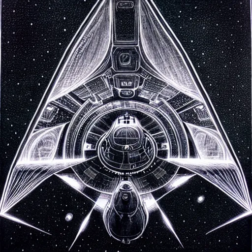 Image similar to starship enterprise, symmetry, black paper, by jean - baptiste monge