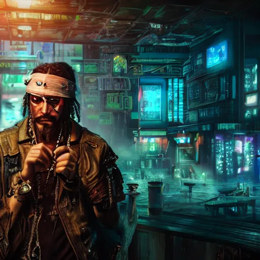 Image similar to a high quality portrait of a gritty pirate in a cyberpunk cyberpunk cyberpunk cafe, realism, 8k, award winning photo