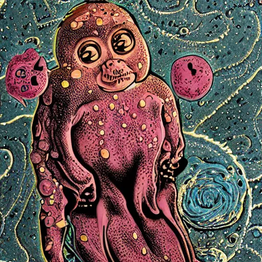 Image similar to measles on a deformed hideous pustule covered monkey, sores, bumps, skin wounds, surface hives, growths, horror, fantasy, highly detailed, by Dan Hillier, ooze, slime, in background nebula of bacteriophages