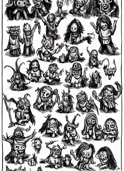 Image similar to demonic munchkins possessed by the devil, in the style of brom