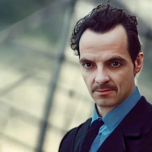 Prompt: Candid portrait photograph of Professor Moriarty standing on a bridge, accurate face, correct face, symmetrical face, taken by Annie Leibovitz