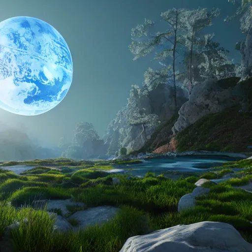 Image similar to a beautiful earth in full, highly detailed, crystal lighting, mystical, hyperrealistic, 4 k, unreal engine