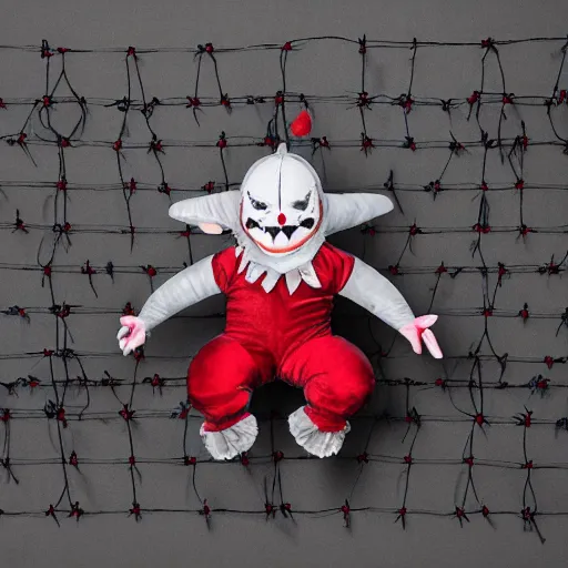 Prompt: freaky scary clown plush wrapped in barbed wire and networking cables against a dark grey silk backdrop