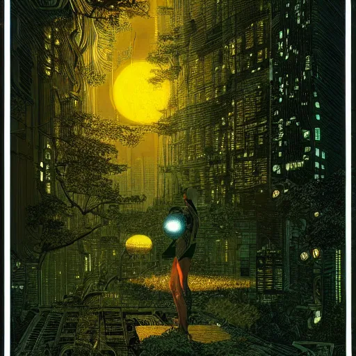 Image similar to Stunningly intricate illustration of single cyberpunk explorer overlooking lush forest, highly detailed, midnight, small glowing orbs by Moebius,