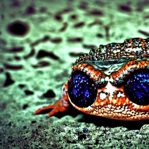 Prompt: deep camouflage angry toad evil eyes poking out eyes from under the water ultra sharp blur background simple background deep brown orange evil eyes