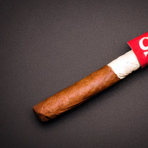 Image similar to cigar with smoke wafting up from it on a red background, logo