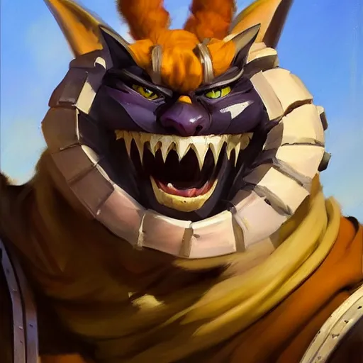 Image similar to greg manchess portrait painting of partially armored cheshire cat from alice in wonderland as overwatch character, medium shot, asymmetrical, profile picture, organic painting, sunny day, matte painting, bold shapes, hard edges, street art, trending on artstation, by huang guangjian, gil elvgren, ruan jia, randy vargas, greg rutkowski