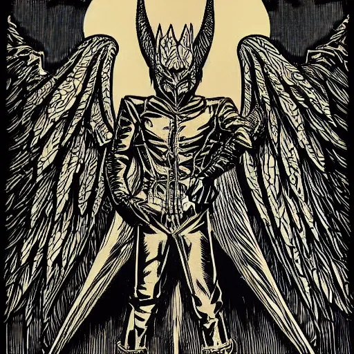 Prompt: woodcut of vampire with wings by Dan Mumford and Josan Gonzalez. Wearing leather and spikes. Very detailed linework