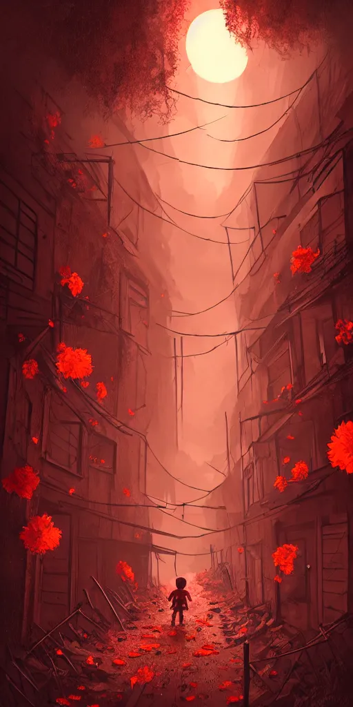 Prompt: abandoned apocalyptic old alley filled with monsters with a kid at the centre, trees and stars background, falling petals, epic red - orange sunlight, perfect lightning, illustration by niko delort,