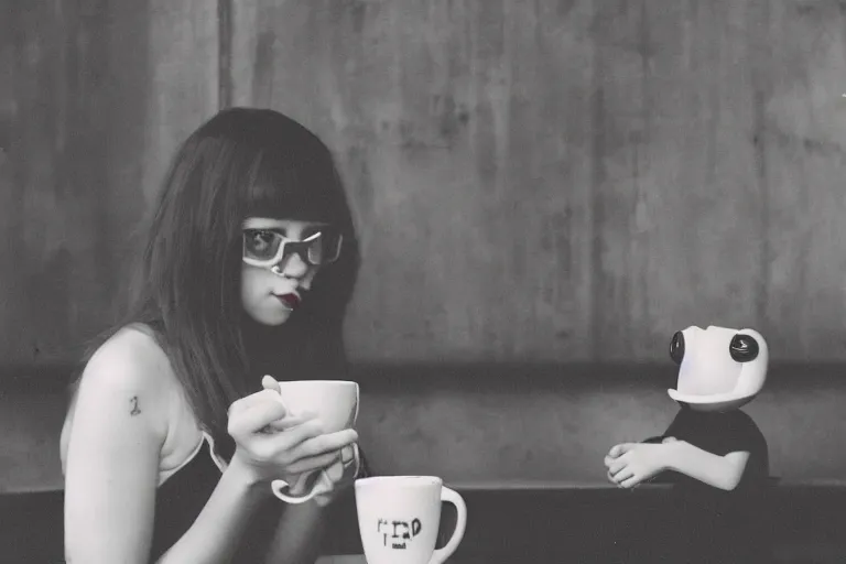 Image similar to girl drinking coffee with pepe the frog in a cafe, 8 0 s style, cinematographic photo