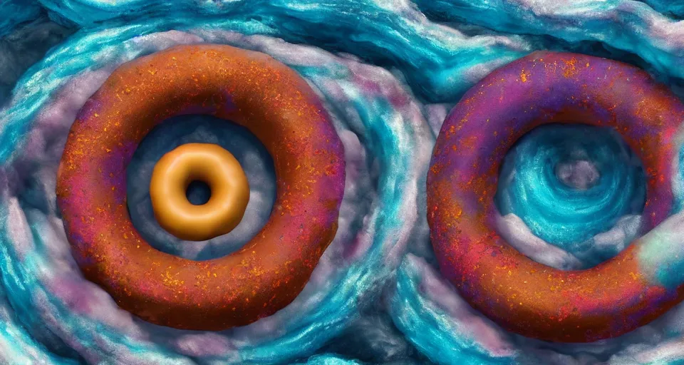 Image similar to storybook imagery. landscape photography of a turbulent donut ocean that is made up of a sea of giant donuts. claymation. diorama. digital art. colorful. render. 4 k. 8 k. trending. wallpaper.