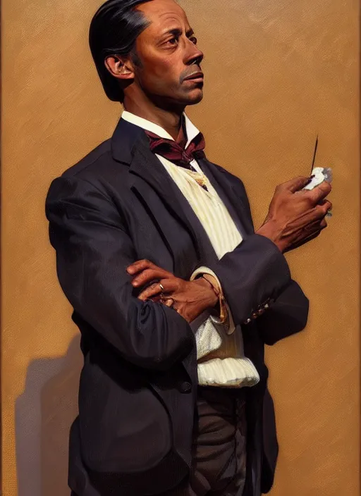 Prompt: oil portrait of miles edgeworth, intricate, elegant, highly detailed, lighting, painting, artstation, smooth, illustration, art by greg rutowski and alphonse mucha