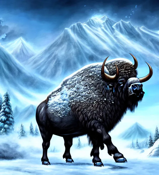 Prompt: a huge titan buffalo with snow forests on it, fantasy art, d & d art, digital art, concept art, high detailed