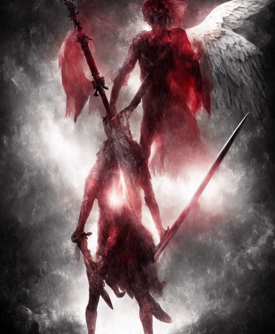 Image similar to a glowing angel carrying a sword in the dark hallways of hell, red tones, dark atmosphere, nightmare