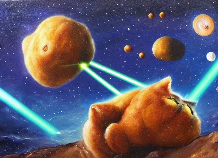 Image similar to giant cat shooting laser beams made of potato, in space, oil painting, detailed