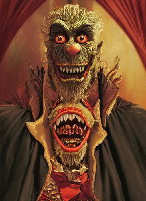 Image similar to Dracula muppet from Society (1989), intricate, highly detailed, centered, digital painting, artstation, concept art, smooth, sharp focus, illustration, artgerm, donato giancola, Joseph Christian Leyendecker, WLOP, Artgerm