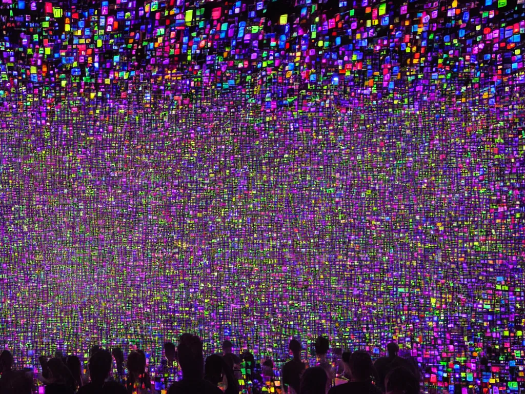 Prompt: cinematic epic, groups of happy people, many layers of overlapping translucent gigantic screens projecting beautiful images of reference sheets, random sizes, floating translucent graphics, dripping light drops, hands touching light drops, supercomputers transforming text to images, perfect lighting pixel sorting