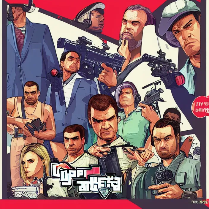 Prompt: GTA5 art cover as 90's game cover illustration style