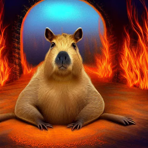 Prompt: a detailed digital art of a god capybara sitting on a throne in hell