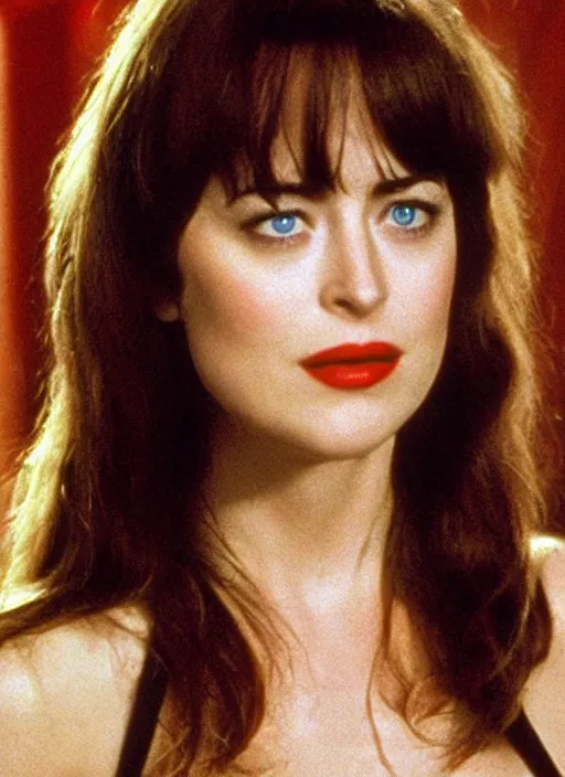 Prompt: film still of dakota Johnson as elvira hancock in Scarface