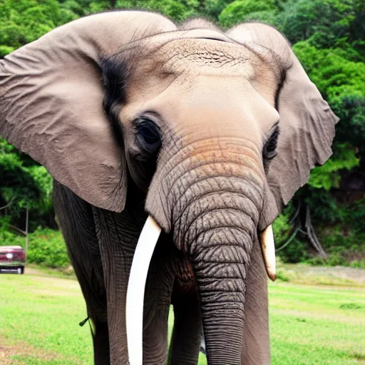 Image similar to a Elephant-Pug Hybrid, A Elephant that looks like a pug, huge tusks, afternoon hangout, good times photograph, candid