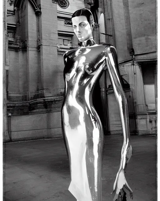 Image similar to a highly detailed unreal engine symmetric portrait of a long legged freaky goddess in a latex dress in an endless galaxy, boke, tilted frame, henry cartier bresson