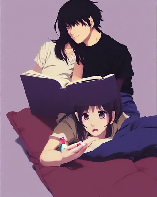 Image similar to cute girl reading book with her boyfriend, shy emotion. | very very anime!!!, fine - face, audrey plaza, realistic shaded perfect face, fine details. anime. very strong realistic shaded lighting poster by ilya kuvshinov katsuhiro otomo ghost, magali villeneuve, artgerm, jeremy lipkin and michael garmash and rob rey