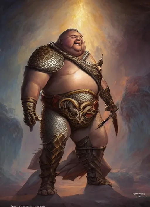 Image similar to fat human male, ultra detailed fantasy, dndbeyond, bright, colourful, realistic, dnd character portrait, full body, pathfinder, pinterest, art by ralph horsley, dnd, rpg, lotr game design fanart by concept art, behance hd, artstation, deviantart, hdr render in unreal engine 5