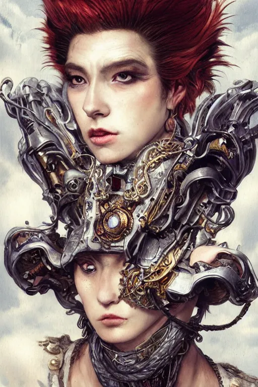 Prompt: portrait, headshot, insanely nice hair style, dramatic hair color, digital painting, of a old 17th century, old cyborg merchant, amber jewels, baroque, ornate clothing, scifi, realistic, hyperdetailed, chiaroscuro, concept art, art by Franz Hals and Jon Foster and Ayami Kojima and Amano and Karol Bak,
