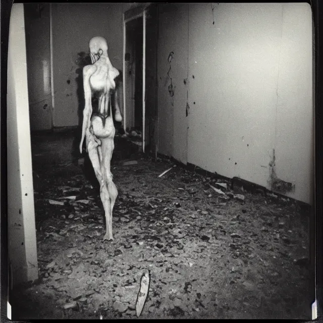 Image similar to found polaroid photo, flash, interior abandoned hospital, mutant creature standing