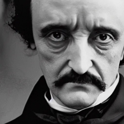 Prompt: A close up portrait of Edgar Allan Poe vaping. Movie still.
