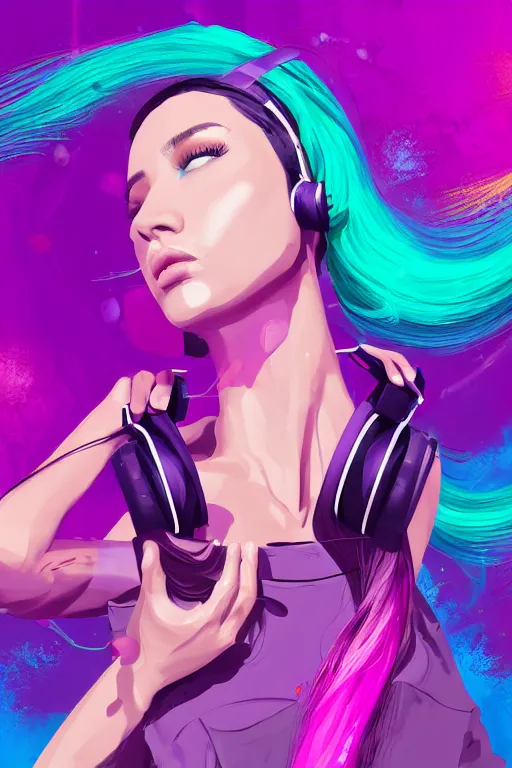 Image similar to a award winning half body portrait of a beautiful woman in a croptop and cargo pants with ombre purple pink teal hairstyle with head in motion and hair flying listenin to music on headphones by wlop, paint splatter, outrun, vaporware, shaded flat illustration, digital art, trending on artstation, highly detailed, fine detail, intricate