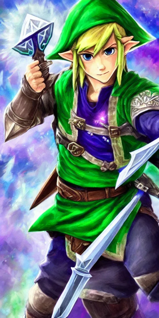 Prompt: link dressed in traditional green tunic and cap, holding the master sword and hylian shield in each hand, in dynamic fighting pose, clear detailed face with focused expression, mystical forest background, dark skies, green purple blue pink iridescent color scheme, intricately detailed, finely textured, pixiv paigeeworld drawcrowd