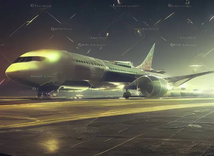 Image similar to immense futuristic jet plane arrives at runway of cyberpunk airport at night ,cinematic lighting, concept art