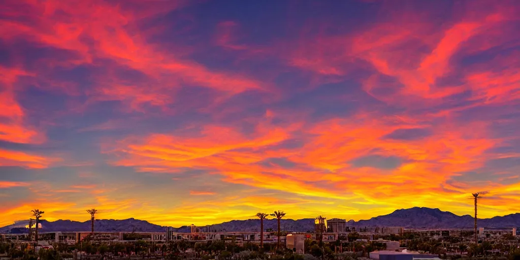 Prompt: sunset on las vegas, tetrachromacy, professional photo, landscape, dark, stunning sky, low horizon, award winning, colorful sky