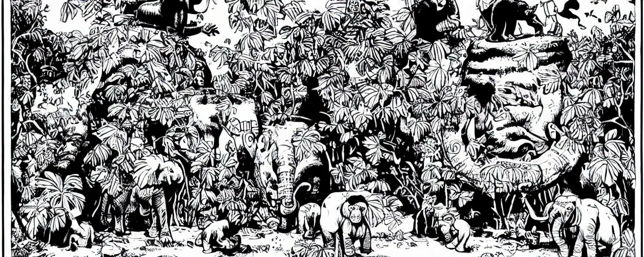 Image similar to the chimpanzee globe trotters go to an elephant wonderland inside the hollow earth where emotions are math and math is love, black and white in the style of jim woodring